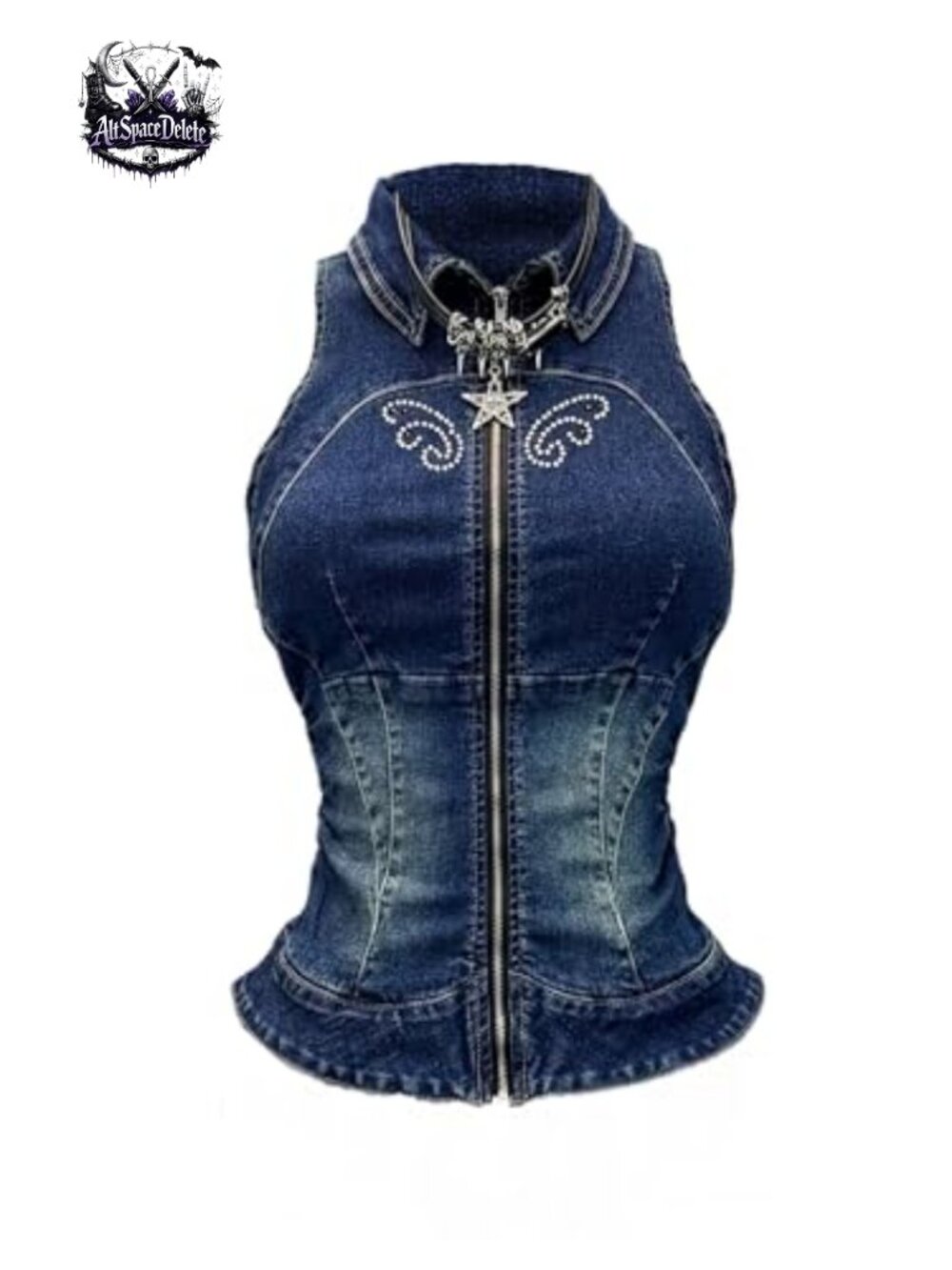Zip Up Denim Vest Collared Sleeveless Jean Tank Top Y2K Streetwear